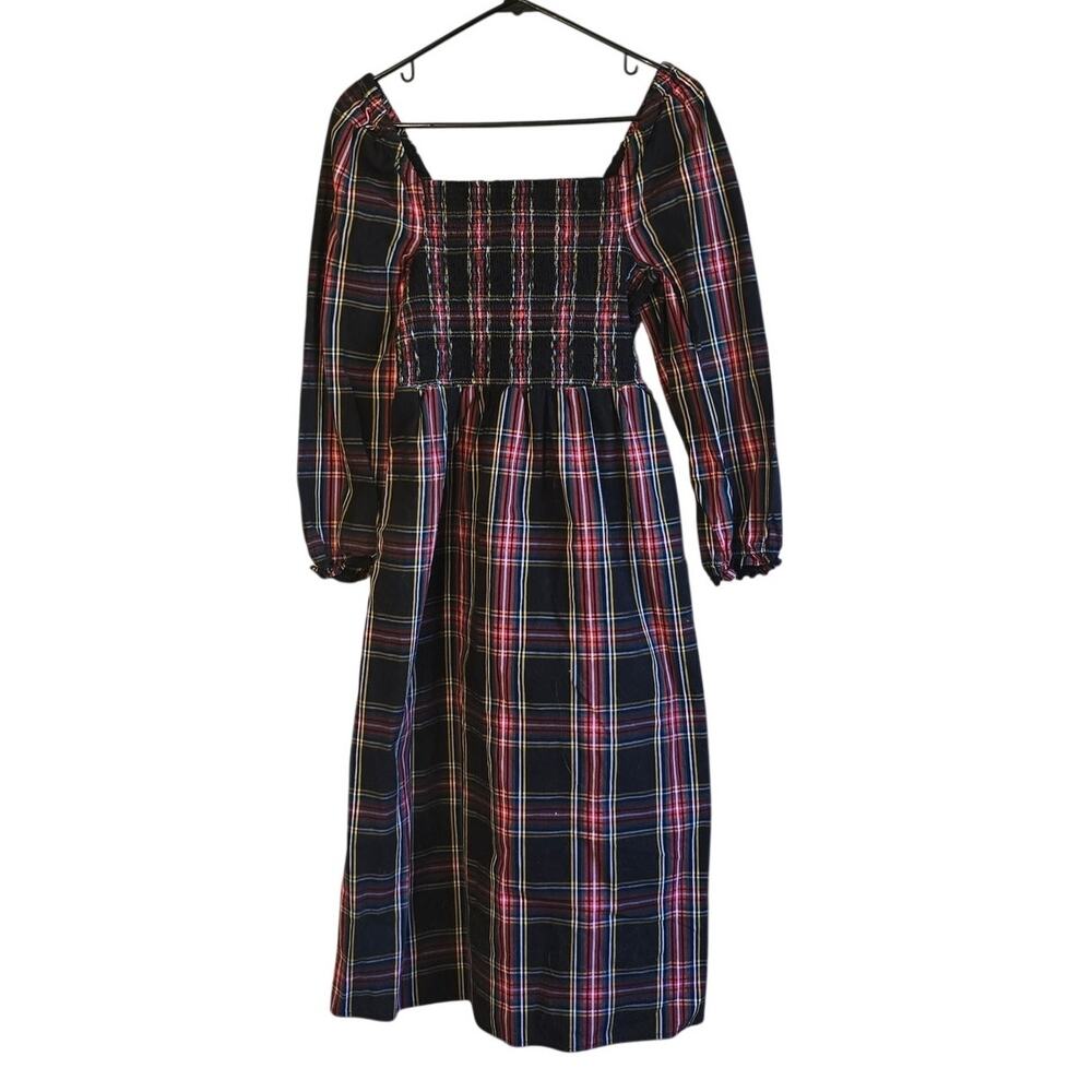 J. Crew tartan plaid smocked poplin midi dress size small
